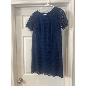 Ann‎ Taylor Navy Blue Lace Overlay Dress Short Sleeve Cocktail Size 4